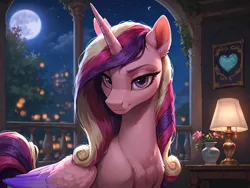 Size: 8192x6144 | Tagged: safe, ai content, derpibooru import, machine learning generated, prompter:molagbal, ivy, princess cadance, alicorn, pony, g2, g4, 4k, absurd file size, absurd resolution, balcony, bedroom eyes, blurry background, castle, eyelashes, female, frown, high res, image, indoors, jpeg, lamp, looking at you, moon, night, plant, potted plant, smiling, smiling at you, smirk, smug, solo, starry night, upper body