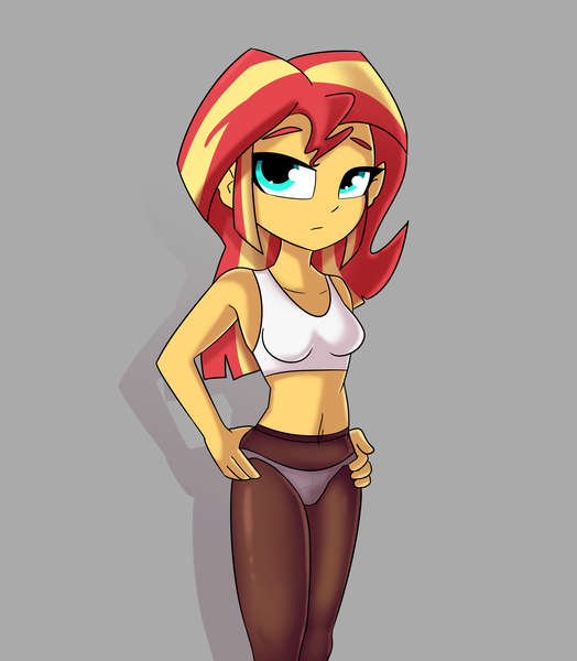 Size: 4500x5154 | Tagged: suggestive, artist:tjpones, derpibooru import, sunset shimmer, human, equestria girls, g4, absurd resolution, belly, belly button, breasts, busty sunset shimmer, clothes, female, frown, gray background, hand on hip, hands on hip, image, lidded eyes, looking at you, panties, pantyhose, png, shadow, simple background, solo, solo female, sports bra, standing, unamused, underwear