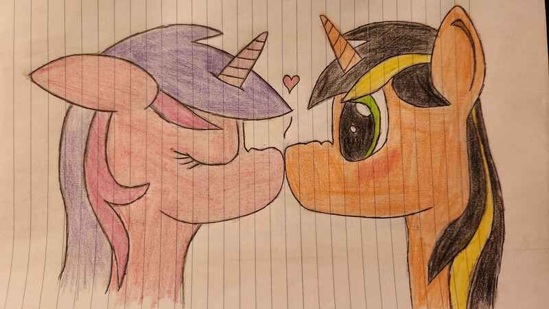 Size: 4000x2252 | Tagged: safe, artist:radiation_pony, derpibooru import, amethyst star, oc, oc:radium, unicorn, g4, boop, canon x oc, horn, image, jpeg, kissing, lined paper, noseboop, scrunchy face, traditional art