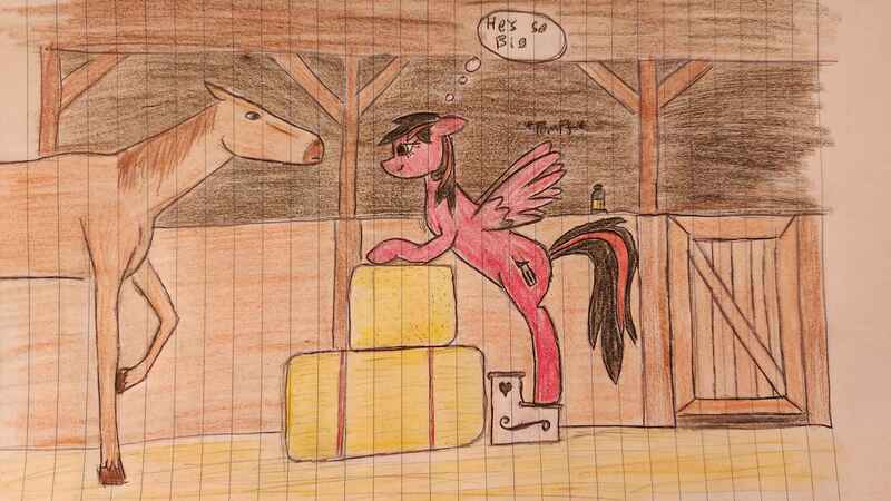 Size: 4000x2252 | Tagged: suggestive, artist:radiation_pony, derpibooru import, oc, oc:rubidium, horse, pegasus, pony, female, horse on pony action, image, jpeg, lined paper, male, mare, pegasus oc, spread wings, stallion, traditional art, wingboner, wings