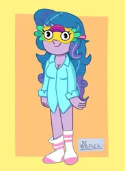 Size: 535x731 | Tagged: safe, artist:garybaldor, derpibooru import, izzy moonbow, human, equestria girls, g4, g5, breasts, cleavage, clothes, cute, equestria girls-ified, female, g5 to equestria girls, g5 to g4, generation leap, happy, image, jpeg, long sleeved shirt, long sleeves, pajamas, shirt, signature, sleep mask, smiling, socks, solo, square background, standing