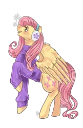 Size: 3300x5100 | Tagged: safe, artist:ashley-the-muffin, derpibooru import, fluttershy, pegasus, pony, clothes, earmuffs, female, image, looking up, mare, open mouth, open smile, png, raised hoof, simple background, smiling, solo, sweater, transparent background