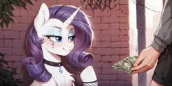 Size: 2400x1200 | Tagged: suggestive, ai content, derpibooru import, machine learning generated, prompter:greesys, rarity, pony, unicorn, bedroom eyes, choker, horn, image, money, png, prostitution, smiling