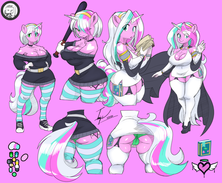 Size: 5100x4200 | Tagged: questionable, artist:angrydiaper123, derpibooru import, oc, oc:heart drip, oc:lush cloak, unofficial characters only, anthro, unicorn, baseball bat, book, breasts, butt, butt focus, clothes, commission, cutie mark, duo, duo female, exposed shoulders, female, horn, image, panties, png, reference sheet, underwear