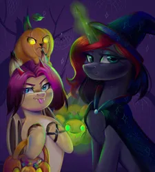 Size: 1944x2160 | Tagged: safe, derpibooru import, oc, bat pony, pony, unicorn, chest fluff, choker, female, freckles, horn, image, jpeg, npn (nightmare pony night), open mouth, pumpkin, trio