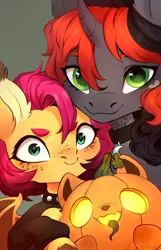 Size: 1388x2160 | Tagged: safe, artist:sofiko-ko, derpibooru import, oc, unofficial characters only, bat pony, pony, unicorn, choker, female, freckles, horn, image, jpeg, npn (nightmare pony night), pumpkin, trio