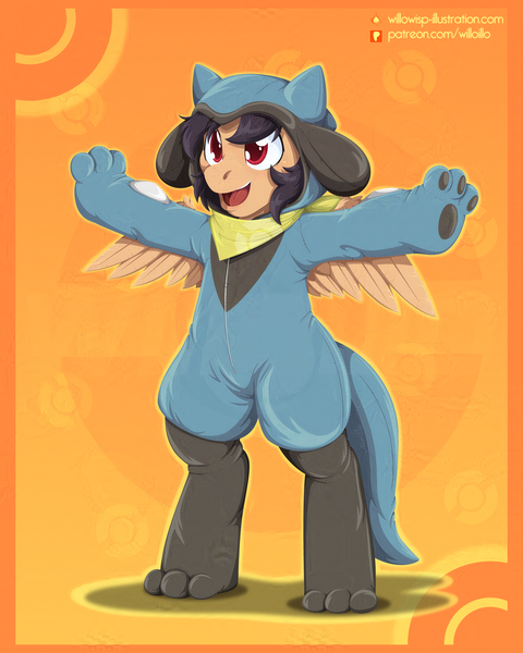 Size: 1600x2000 | Tagged: safe, artist:willoillo, derpibooru import, oc, pegasus, pony, riolu, g4, art, clothes, commission, costume, illustration, image, kigurumi, my little pony, pegasus oc, png, pokémon, wings