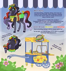 Size: 1000x1089 | Tagged: safe, artist:themiles, derpibooru import, oc, oc:patty, unofficial characters only, horse, pony, burger, cart, clothes, eating, female, food, french fries, hat, hoof hold, image, mare, png, solo, text, uniform, wild manes, wild manes oc