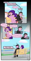 Size: 700x1379 | Tagged: safe, artist:themiles, derpibooru import, pipp petals, pegasus, pony, g5, my little pony: tell your tale, bench, circlet, clothes, cloud, comic, dialogue, drink, drinking straw, duo, end of g5, eyes closed, female, five pebbles, fluffy wings, happy, hoof hold, image, mare, maretime bay, open mouth, open smile, outdoors, png, railing, rain world, signature, sitting, sky, smiling, smoothie, speech bubble, talking, unshorn fetlocks, watermark