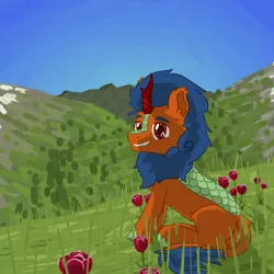 Size: 1920x1920 | Tagged: safe, artist:_butterscotch, derpibooru import, oc, oc:jack masters, unofficial characters only, kirin, background, commission, flower, hill, image, kirin oc, male, mountain, png, sky, solo, tulip