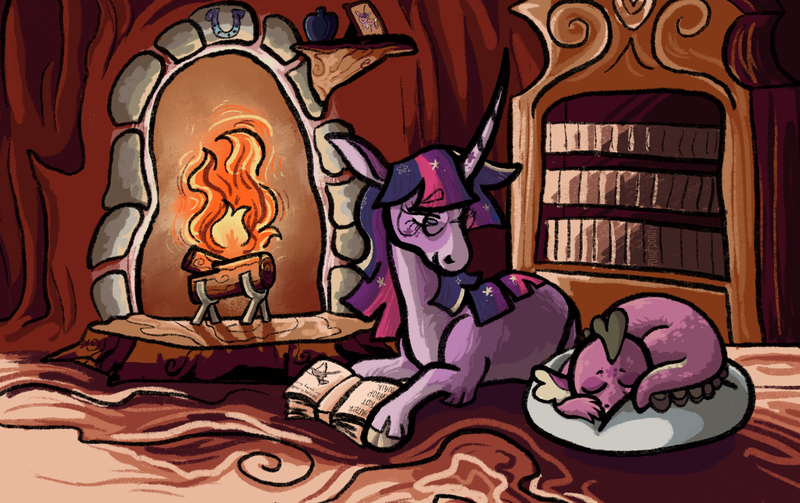 Size: 2077x1305 | Tagged: safe, artist:pointdointy, derpibooru import, spike, twilight sparkle, dragon, pony, unicorn, g4, book, duo, duo male and female, female, fire, fireplace, glasses, golden oaks library, image, indoors, library, lying down, male, mare, pet bed, png, prone, round glasses, sleeping, unicorn twilight, unshorn fetlocks