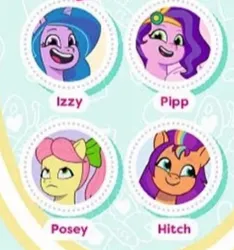 Size: 288x308 | Tagged: safe, derpibooru import, izzy moonbow, pipp petals, posey (g5), sunny starscout, g5, my little pony: tell your tale, cropped, image, jpeg, magazine