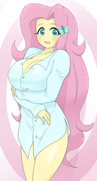 Size: 1668x3096 | Tagged: suggestive, artist:batipin, derpibooru import, fluttershy, human, equestria girls, g4, arm under breasts, big breasts, breasts, busty fluttershy, cleavage, clothes, female, image, looking at you, open mouth, open smile, png, shirt, smiling, smiling at you, solo, solo female