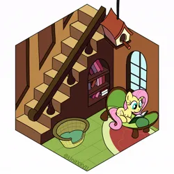 Size: 1100x1100 | Tagged: safe, artist:unitxxvii, derpibooru import, part of a set, fluttershy, pegasus, pony, g4, book, female, fluttershy's cottage, high angle, image, indoors, jpeg, lying down, mare, prone, reading, solo