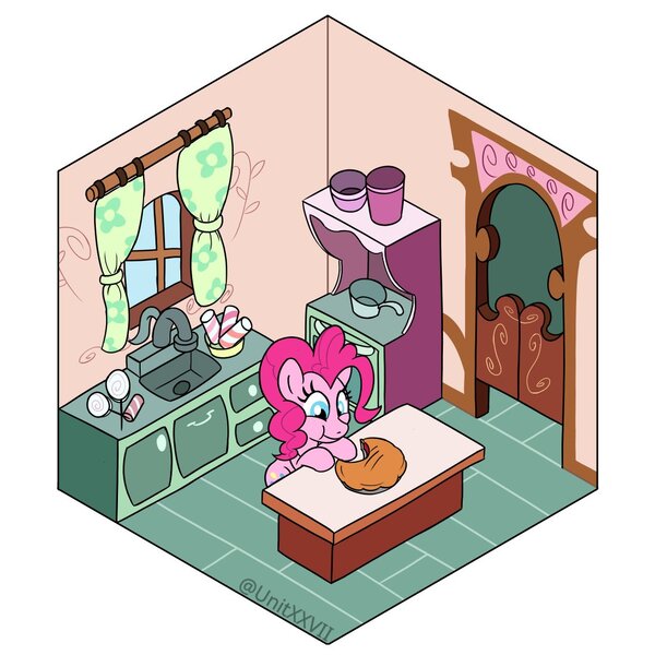 Size: 1100x1100 | Tagged: safe, artist:unitxxvii, derpibooru import, part of a set, pinkie pie, earth pony, pony, g4, eating, female, food, high angle, image, jpeg, kitchen, mare, pie, solo, sugarcube corner