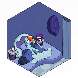 Size: 1100x1100 | Tagged: safe, artist:unitxxvii, derpibooru import, part of a set, rainbow dash, pegasus, pony, g4, bed, bedroom, book, female, image, indoors, jpeg, lying down, mare, on back, on bed, rainbow dash's bedroom, reading, solo