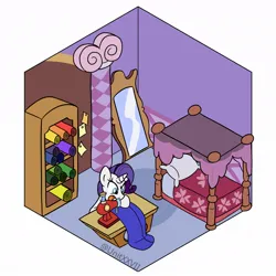 Size: 1100x1100 | Tagged: safe, artist:unitxxvii, derpibooru import, part of a set, rarity, pony, unicorn, g4, bed, bedroom, fabric, fashion horse, female, high angle, horn, image, indoors, jpeg, mare, rarity's bedroom, sewing, sewing machine, solo