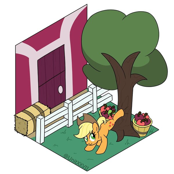 Size: 1100x1100 | Tagged: safe, artist:unitxxvii, derpibooru import, part of a set, applejack, earth pony, pony, g4, apple, apple tree, applebucking, barn, bucket, female, food, high angle, image, jpeg, looking back, mare, outdoors, solo, sweet apple acres, tree