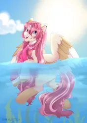 Size: 2480x3508 | Tagged: safe, alternate version, artist:jjsh, derpibooru import, oc, unofficial characters only, pegasus, pony, beautiful, cloud, cute, cute face, ear piercing, female, fluffy mane, happy, high res, image, looking at you, mare, ocean, open mouth, outdoors, partially submerged, piercing, png, seaweed, sky, smiling, smiling at you, solo, spread wings, summer, sun, swimming, tail, teeth, underwater, water, wing fluff, wings