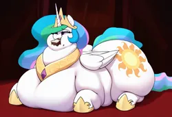 Size: 1216x832 | Tagged: suggestive, ai content, derpibooru import, machine learning generated, princess celestia, alicorn, pony, belly on floor, cake, cakelestia, chubby cheeks, chubbylestia, eating, fat, food, image, morbidly obese, obese, png, solo