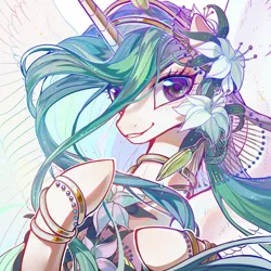 Size: 2362x2362 | Tagged: safe, artist:shiqiuzhu, derpibooru import, princess celestia, alicorn, pony, g4, bracelet, bust, crown, cute, digital art, ethereal mane, female, flower, flower in hair, flowing mane, grin, high res, horn, image, jewelry, looking at you, mare, necklace, pearl necklace, pink eyes, png, portrait, raised hoof, regalia, simple background, smiling, smiling at you, solo, spread wings, starry mane, white background, wings