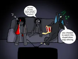 Size: 1200x900 | Tagged: safe, artist:rotexun, derpibooru import, king sombra, queen chrysalis, oc, oc:sinnie, changeling, pony, equestria at war mod, g4, bored, crystal empire, hanging out, image, png, stalliongrad, watching tv