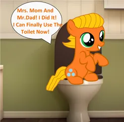 Size: 2052x2012 | Tagged: safe, artist:memeartboi, derpibooru import, ponified, earth pony, pony, g4, bathroom, but why, calling, colt, darwin watterson, excited, foal, grin, image, implied poop, implied pooping, indoors, male, png, potty, potty training, sitting, sitting on toilet, smiling, solo, solo male, speech bubble, teeth, text, the amazing world of gumball, toilet, toilet humor