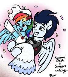 Size: 345x387 | Tagged: safe, artist:melspyrose, derpibooru import, rainbow dash, soarin', pegasus, pony, bridal carry, carrying, female, image, jpeg, male, mare, marriage, shipping, soarindash, stallion, straight, wedding