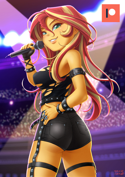 Size: 848x1200 | Tagged: safe, artist:uotapo, derpibooru import, sunset shimmer, equestria girls, g4, arm band, armpits, belt, bracelet, bunset shimmer, butt, clothes, hand on hip, image, jewelry, jpeg, looking at you, looking back, looking back at you, microphone, midriff, ring, shorts, smiling, smiling at you, solo, spiked wristband, stage, tanktop, wristband