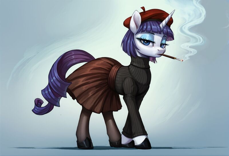 Size: 2104x1440 | Tagged: safe, ai content, derpibooru import, machine learning generated, stable diffusion, rarity, pony, unicorn, g4, alternate hairstyle, beret, cigarette, cigarette holder, clothes, eyeshadow, female, generator:pony diffusion v6 xl, hat, hoof shoes, horn, image, jpeg, lidded eyes, looking at you, makeup, prompter:siber, short mane, skirt, smoking, socks, solo, stockings, sweater, thigh highs, turtleneck