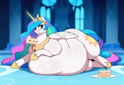 Size: 1520x1040 | Tagged: safe, ai content, derpibooru import, machine learning generated, princess celestia, alicorn, pony, belly on floor, cake, cakelestia, chubby cheeks, chubbylestia, eating, fat, food, image, magic, obese, png, telekinesis