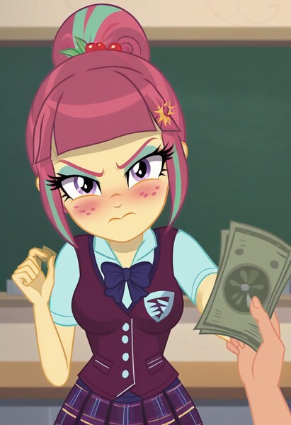 Size: 832x1216 | Tagged: safe, ai content, derpibooru import, machine learning generated, prompter:nwth, sour sweet, human, equestria girls, g4, angry, blushing, breasts, chalkboard, classroom, closed mouth, clothes, crystal prep academy uniform, female, freckles, image, indoors, jpeg, looking at you, male, money, offscreen character, offscreen male, school uniform