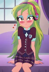 Size: 832x1216 | Tagged: safe, ai content, derpibooru import, machine learning generated, prompter:nwth, lemon zest, human, equestria girls, g4, blushing, breasts, clothes, couch, crystal prep academy uniform, flirting, headphones, heart, image, jpeg, looking at you, school uniform, solo