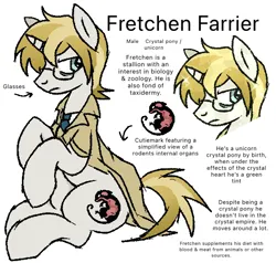 Size: 540x514 | Tagged: safe, artist:muffinz, derpibooru import, oc, oc:fretchen farrier, unofficial characters only, crystal pony, pony, unicorn, clothes, coat, glasses, horn, image, male, necktie, png, simple background, solo, stallion, trenchcoat, white background