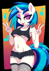 Size: 880x1280 | Tagged: suggestive, artist:queenquack, derpibooru import, vinyl scratch, anthro, unicorn, g4, belly, belly button, breasts, clothes, female, fishnet clothing, fishnets, horn, image, jpeg, peace sign, short shirt, shorts, socks, stockings, thigh highs, underboob