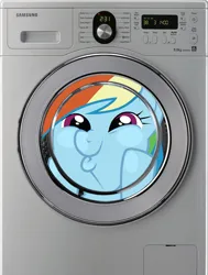 Size: 516x684 | Tagged: artist needed, source needed, safe, derpibooru import, rainbow dash, pegasus, pony, g4, artifact, dashface, female, image, jpeg, mare, samsung, solo, washing machine, wat