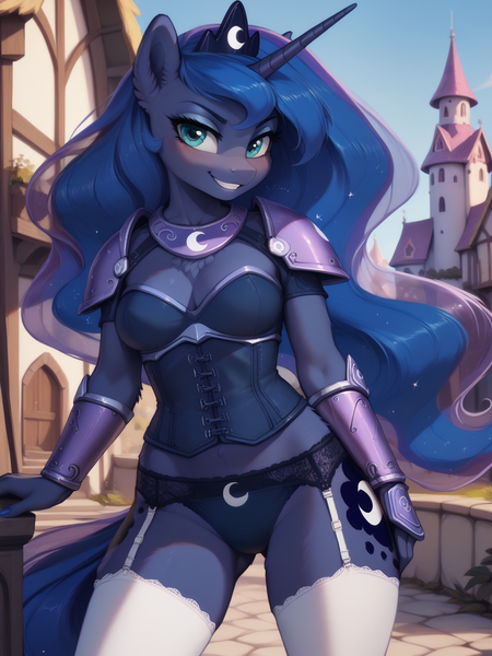 Size: 1152x1536 | Tagged: suggestive, ai content, derpibooru import, generator:perfect pony xl, machine learning generated, prompter:greenlightai, princess luna, alicorn, anthro, armor, clothes, image, outdoors, panties, png, ponyville, socks, stockings, thigh highs, underwear