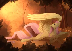 Size: 2287x1611 | Tagged: safe, artist:1nka, derpibooru import, fluttershy, pegasus, pony, evening, female, forest, image, large wings, lying down, mare, nature, png, prone, solo, tree, wings