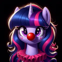 Size: 1024x1024 | Tagged: safe, ai content, derpibooru import, machine learning generated, prompter:heydude5321, twilight sparkle, pony, unicorn, g4, alternate hairstyle, clown, clown nose, female, generator:bing image creator, generator:dall-e 3, horn, image, jpeg, mare, red nose, solo, starry eyes, wingding eyes