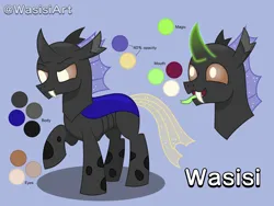 Size: 6000x4500 | Tagged: safe, artist:alejandrogmj, artist:wasisi, derpibooru import, oc, oc:wasisi, changeling, changeling oc, fangs, glow, glowing horn, horn, image, png, reference sheet, simple background, tongue out