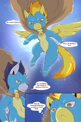 Size: 960x1440 | Tagged: safe, artist:cold-blooded-twilight, derpibooru import, edit, soarin', spitfire, pegasus, pony, comic:cold storm (ru), g4, :<, belly, belly button, cloak, clothes, comic, dialogue, flying, image, looking down, moon, png, spread wings, stars, translation, uniform, wings, wonderbolts, wonderbolts uniform