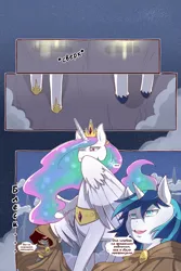 Size: 960x1440 | Tagged: safe, artist:cold-blooded-twilight, derpibooru import, edit, princess celestia, shining armor, oc, oc:blazing saddles, alicorn, pony, unicorn, comic:cold storm (ru), g4, clothes, comic, crown, dialogue, hoof shoes, horn, image, jewelry, magic, peytral, png, regalia, robe, spread wings, translation, unshorn fetlocks, wings