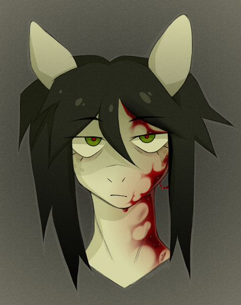 Size: 1500x1900 | Tagged: semi-grimdark, artist:sociofag, derpibooru import, oc, oc:bunny hop, unofficial characters only, pony, black mane, blood, bust, green eyes, image, png, portrait, red pupils, solo, tired, tired eyes