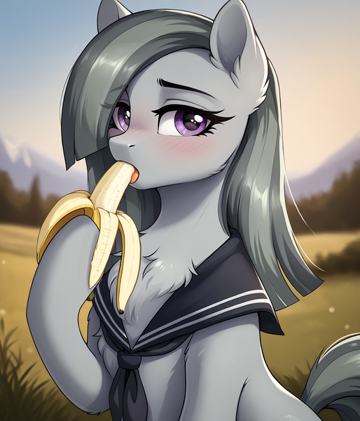 Size: 2304x2688 | Tagged: safe, ai content, derpibooru import, machine learning generated, prompter:kusya ponk, prompter:midnightdashie, stable diffusion, marble pie, earth pony, g4, banana, blushing, chest fluff, clothes, ear fluff, eating, food, generator:pony diffusion v6 xl, image, jpeg, looking at you, open mouth, outdoors