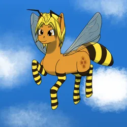 Size: 2000x2000 | Tagged: safe, artist:terminalhash, derpibooru import, oc, bee pony, original species, pony, clothes, cloud, flying, image, png, sky, socks, solo