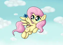 Size: 4556x3252 | Tagged: safe, artist:background basset, derpibooru import, fluttershy, butterfly, insect, pegasus, pony, g4, flying, image, png, sky, smiling, spread wings, wings