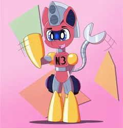 Size: 1440x1498 | Tagged: safe, artist:trackheadtherobopony, derpibooru import, oc, oc:trackhead, unofficial characters only, pony, robot, robot pony, semi-anthro, gradient background, greeting, image, png, prehensile tail, solo, tail