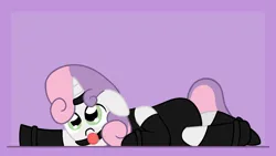 Size: 1920x1080 | Tagged: suggestive, artist:anonymous, derpibooru import, sweetie belle, pony, unicorn, g4, ballgag, bondage, cuffs, derpibooru exclusive, female, filly, foal, foalcon, gag, horn, horn ring, image, jewelry, latex, latex suit, lying down, passepartout, png, ring, simple background, sweetiesub, underage