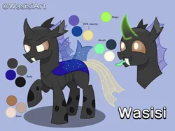 Size: 6000x4500 | Tagged: safe, artist:alejandrogmj, artist:wasisi, derpibooru import, oc, oc:wasisi, changeling, changeling oc, fangs, glow, glowing horn, horn, image, png, reference sheet, simple background, tongue out