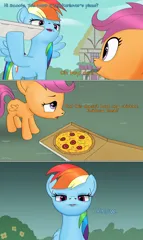 Size: 1920x3231 | Tagged: safe, artist:anonymousandrei, derpibooru import, rainbow dash, scootaloo, pegasus, pony, g4, 3 panel comic, comic, derpibooru exclusive, drool, duo, female, filly, foal, food, image, imminent something, implied scootachicken, jpeg, mare, pizza, ponyville